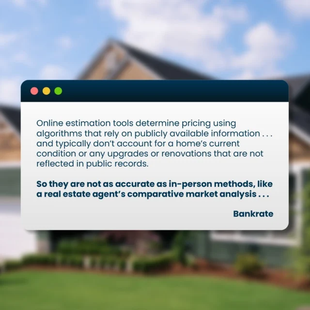 Don’t rely on online estimates to figure out what your house is worth.

While they’re definitely convenient, they’re not 100% accurate. That's because they don’t include key details like your home’s condition, updates you’ve made, and what’s happening right here in our local market.

Want to know the real value of your home? DM me for an expert estimate you can rely on.

#sellmyhouse #realestatetips